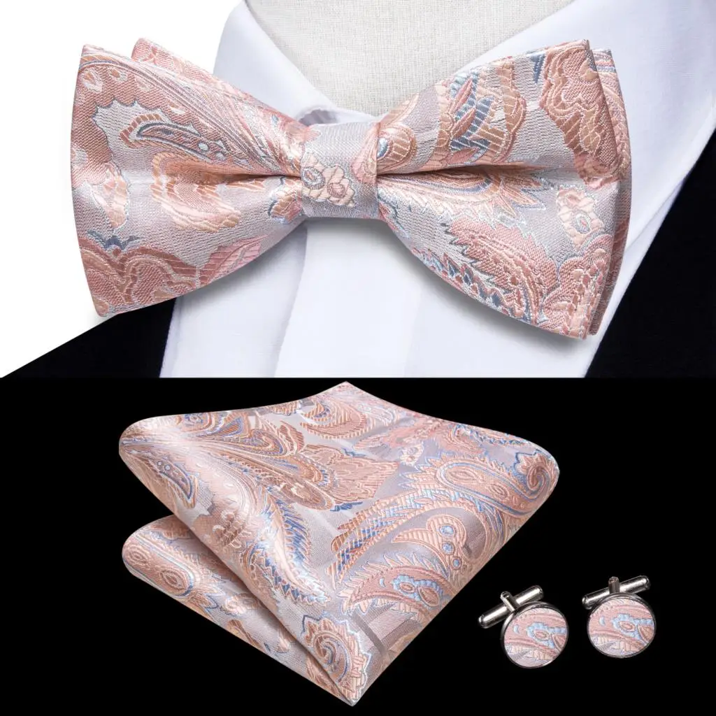 

Hi-Tie Jacquard Paisley Pink Bowtie for Men Silk Butterfly Tie Bow Tie Hanky Cufflinks Wedding Party Gift Bowtie Wholesale