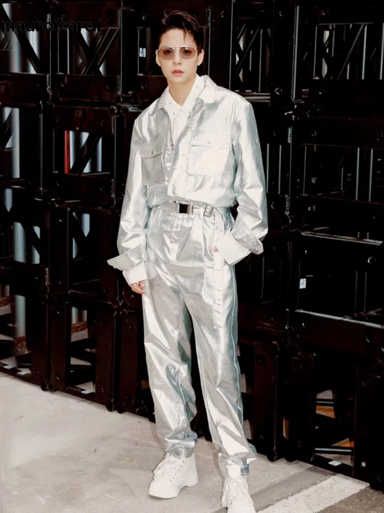 Mauroicardi Autumn Cool Silver Metallic Faux Leather Jumpsuit Men Pockets Belt Stage Show Night Club Overalls Dance Costumes
Mauroicardi Autumn Cool Silver Metallic Faux Leather Jumpsuit Men Pockets Belt Stage Show Night Club Overalls Dance Costumes