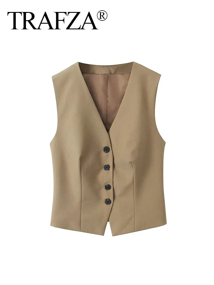 

TRAFZA Female Casual Slim Waistcoats Solid V-Neck Sleeveless Buttons Single-Breasted Short Tops Summer Vests Woman 2024 Trendy