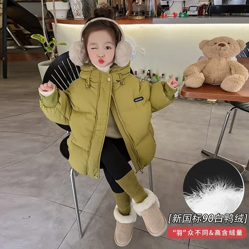 

Kids Winter Jacket Cotton-padded Clothes White Duck Down Girls Coats Solid Mid-Length Thicken Warmth Hooded Parkas Windbreaker