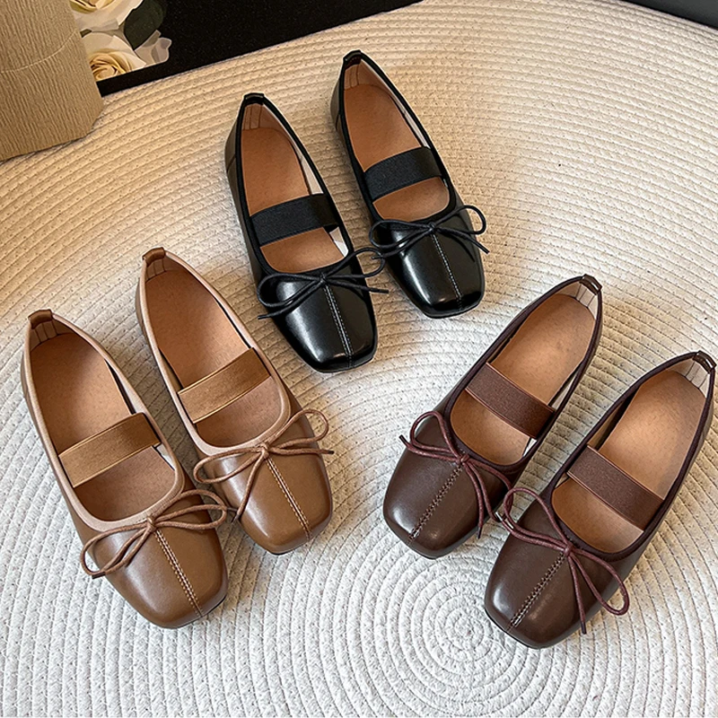 

Elegant Square Toe Ballet Shoes Woman Concise Bowtie Elastic Band Leather Ballerina Flats Ladies Soft Shallow Loafers