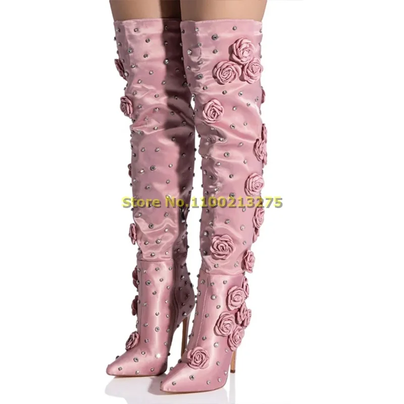 

Pink Pointed Toe Boots With Rhinestone Flower Over The Knee Stiletto High Heel Zipper Satin Fashion New Arrivals Winter Boots