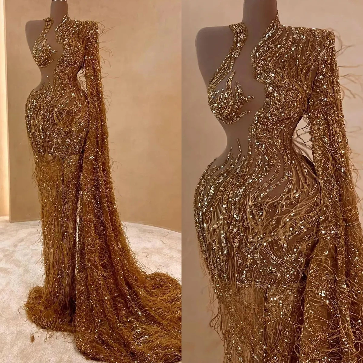 

Golden Shine Evening Dress With Feather New Sexy Single Shawl Sleeves Crystal Wedding Bridal Gowns Robes De Mariée Sweep Train