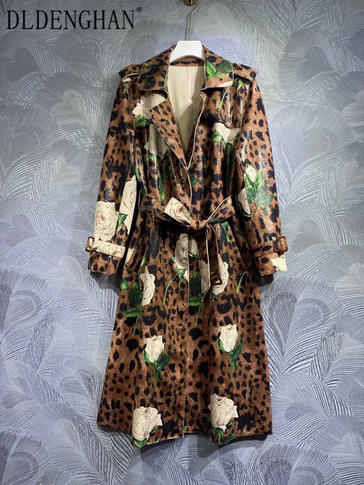 

DLDENGHAN Early Autumn Trench Coats Women Long Sleeve Belt Pockets Leopard Flowers Print Vintage Outwear Fashion Runway New