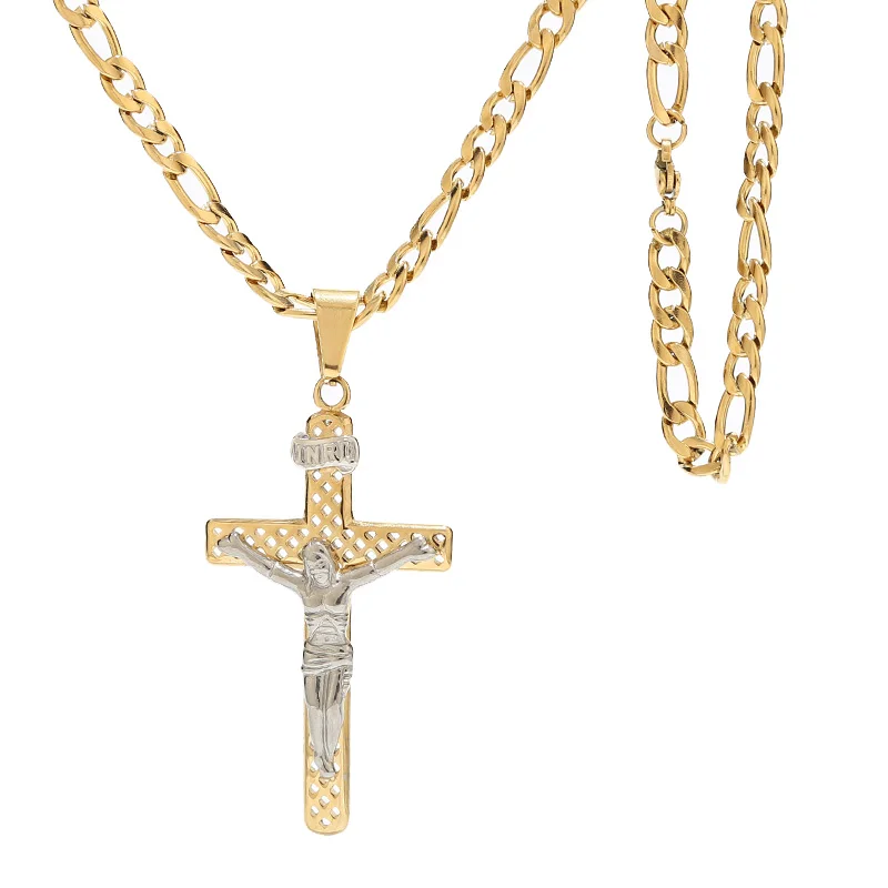 

1PC Catholic Jesus Christ on Cross Crucifix Stainless Steel 36*65mm Pendant Necklace 3:1 Figaro Chains Necklaces for Men 24''