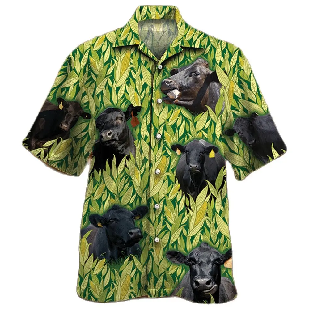 

Jumeast Черный Ангус крупный Рог влюбленные Кукуруза узор Мужская гавайская рубашка Cutecore YK2 пляжная блузка ферма браман Корова Хлопковая одежда