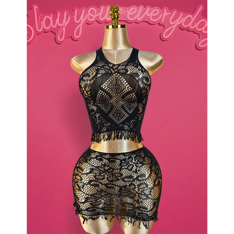 1 Set Sexy Women Fishnet Cover Ups Hollow Out Bodycon Women's Swimwear See through Tassel Dress without Bikini Beachwear DS041 4 S427e08b7c783467fa95cc64b7633ea355