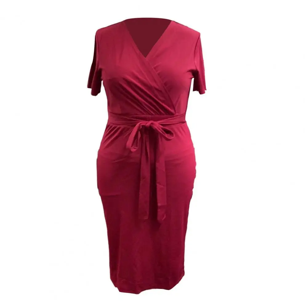 

V-neck Dress Elegant Plus Size V Neck Belted Evening Dress for Women Slim Fit Solid Color Sheath Midi Formal Dress with Short