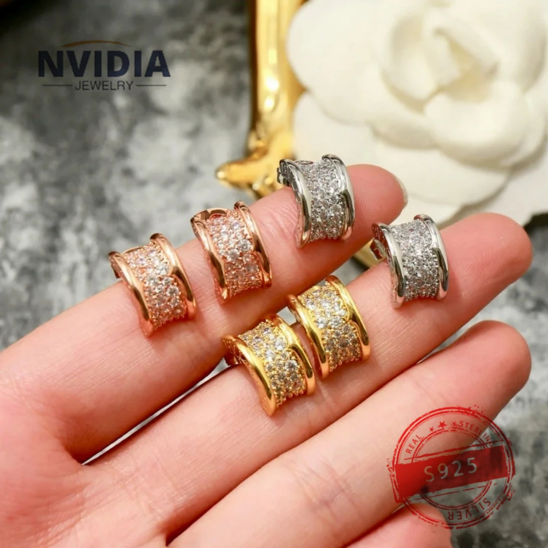 

2024 Fashion Hot Selling Jewelry BV Customized S925 Silver Luxury Full Diamond Half Round Women's Earrings Birthday Party Gift