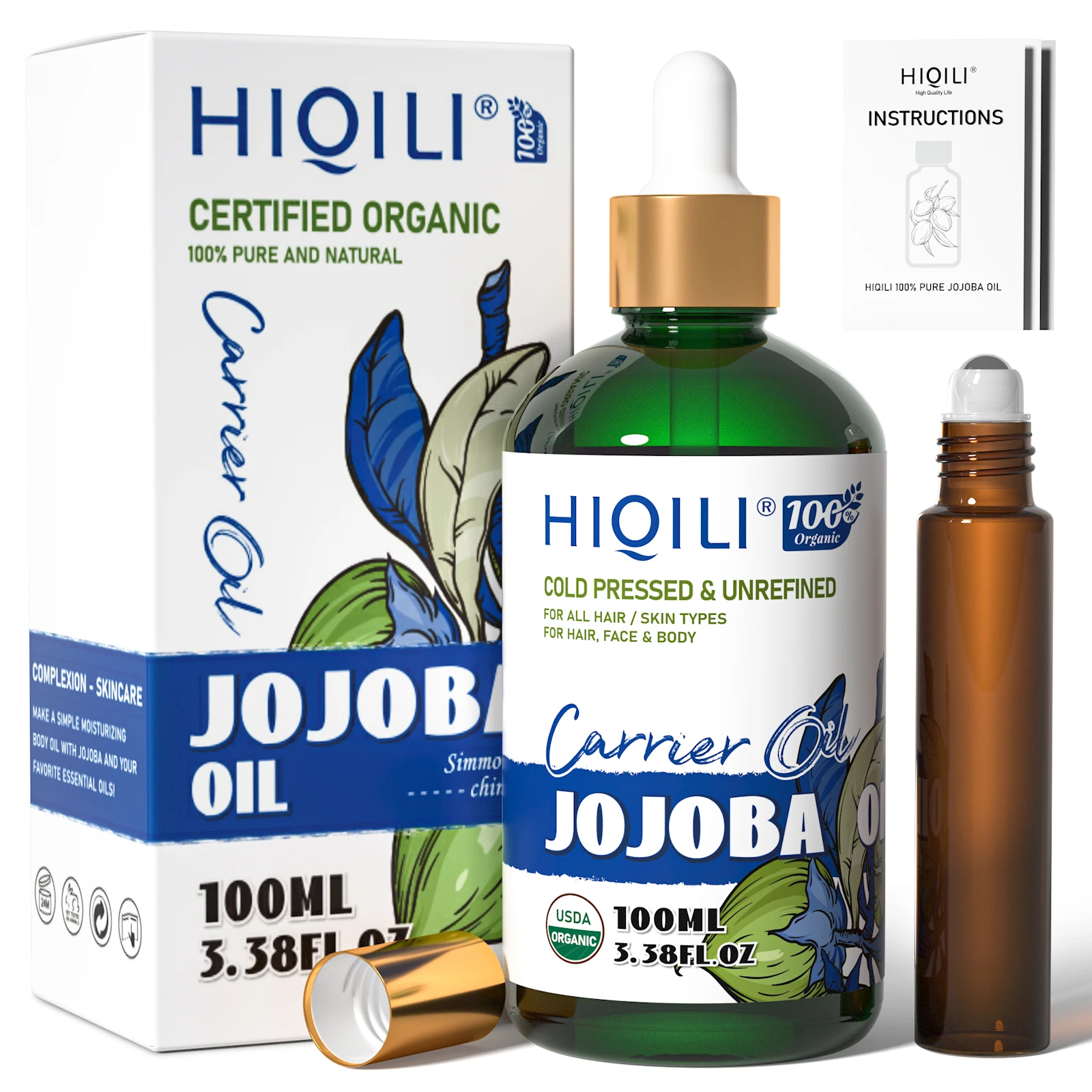 

HIQILI Pure Jojoba Carrier Oil，100ML Cold Pressed Unrefined Essential Oils for Mixing, Hair Growth, Face, Nails, Massage