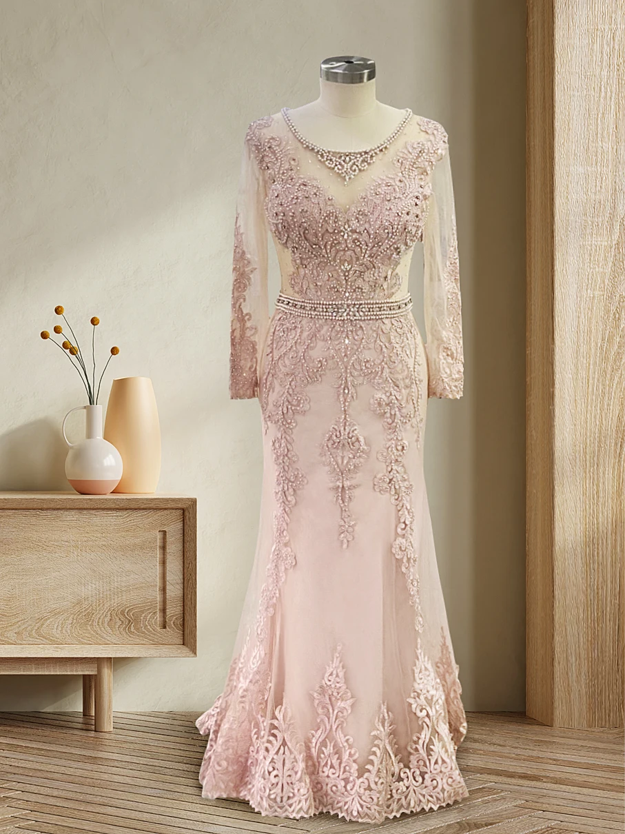 

Элегантное вечернее платье с длинным рукавом и бусинами, женское роскошное кружевное розовое платье с юбкой-годе для выпускного вечера, женские платья Дубая, арабские платья