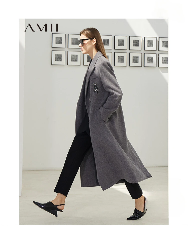 

Женское шерстяное пальто AMII в минималистичном стиле, новинка зимы 2023, роскошное Модное Длинное Смешанное корейское пальто с бриллиантами для ногтей, 72240086