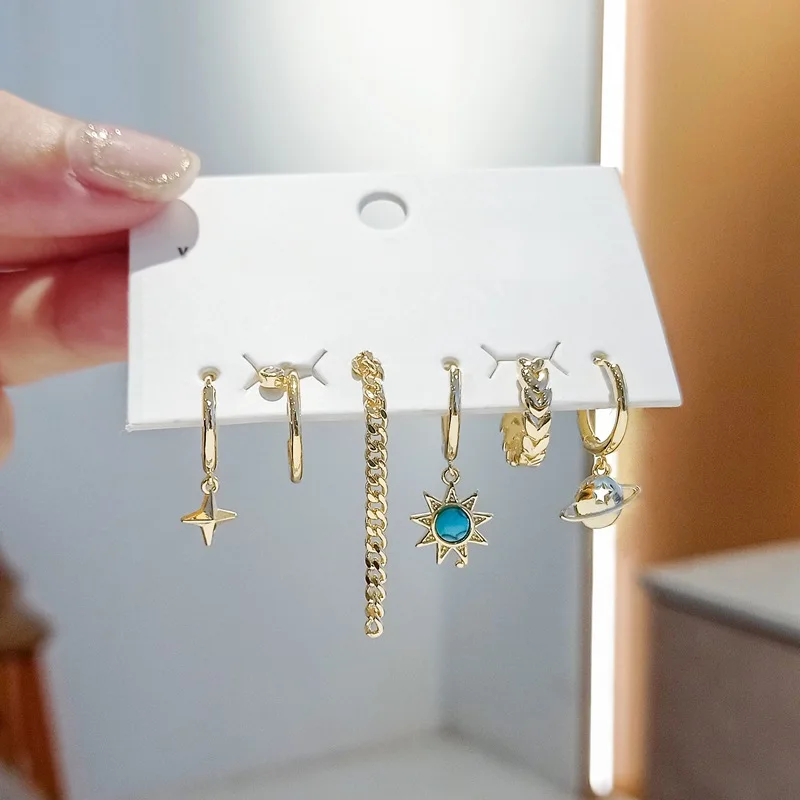 

LByzHan Silver Color Copper Zircon Moon Star Pearl Water-drop Tassel 6-piece Earring Set Shiny Luxury Huggie Party Jewelry