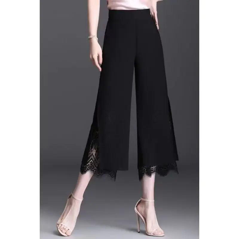 

Women's 2024 Spring Summer New Fashion Spliced Lace Hollow Out Elastic High-waisted Solid Color Straight Chiffon Wide-leg Pants