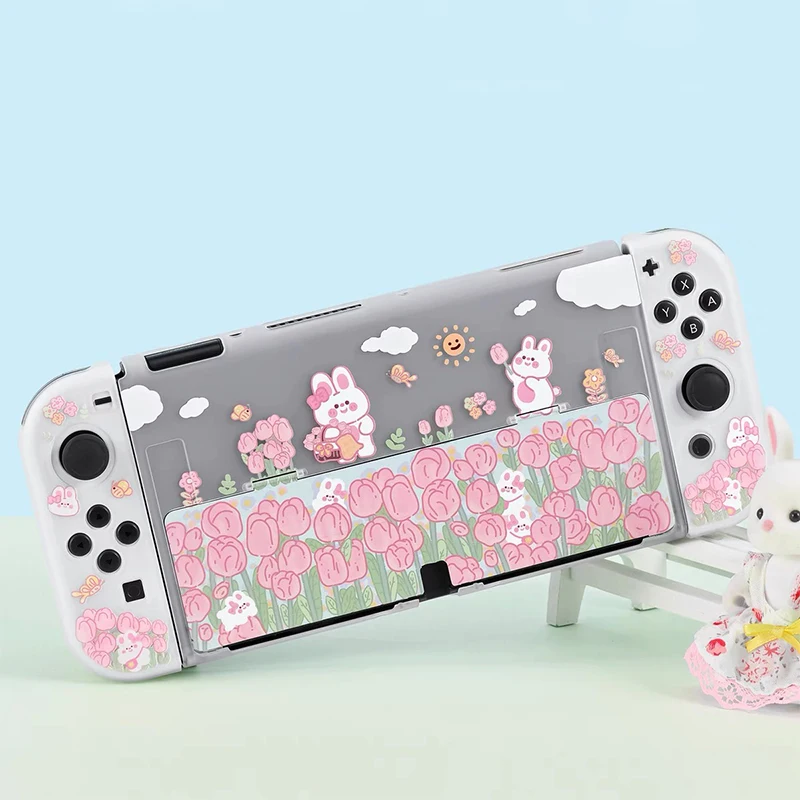 

Cute Tulip flowers Rabbit Switch OLED Dockable Case Protective Shell Hard PC Cover For Nintendo Switch Controller Joy-Con Case