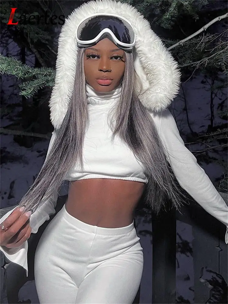 

Laertes Winter Furry Skinny Hooded 2 Piece Sets White Long Sleeve Sexy Crop Top and Pants Warm Streetwear Women Sporty Clothes