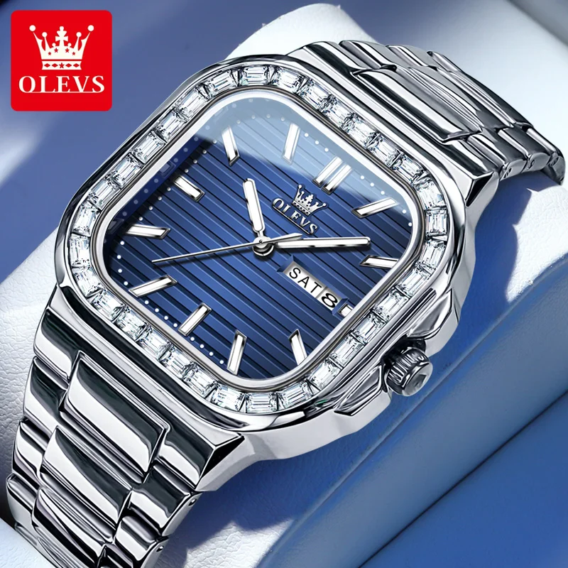 

OLEVS Diamond Quartz Watch For Men steel Strap Date Calendar luminous water proof Dial Elegant Luxury Nautilus Man Wristwatches