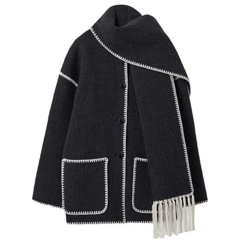 

Черное Женское пальто с шарфом, свободная шерстяная куртка, осенняя верхняя одежда 2023, трендовая элегантная винтажная модная контрастная стильная шикарная теплая ретро одежда