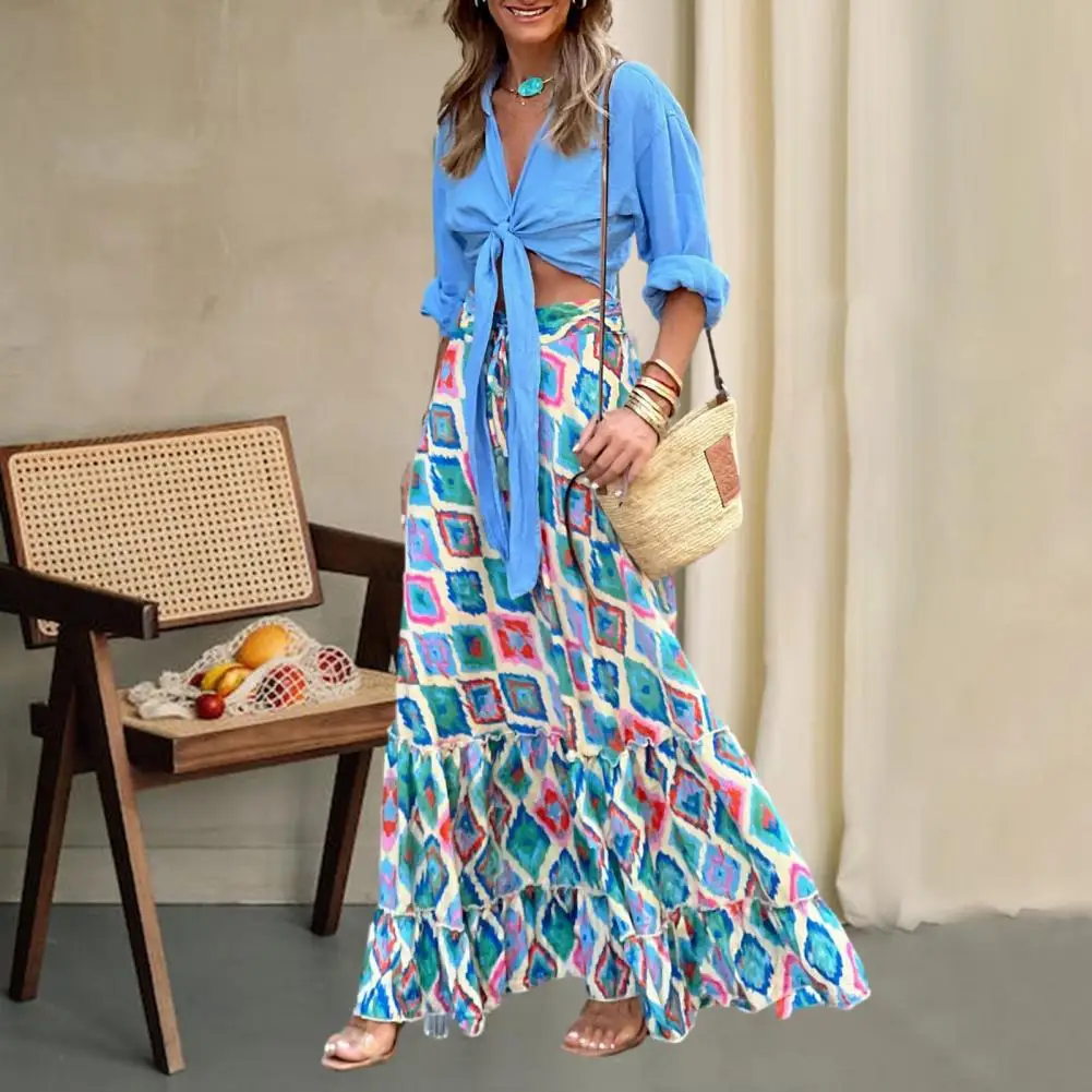 

Big Hem Beach Skirt Bohemian Maxi Skirts Colorful Rhombus Print High Waist Big Hem with Ruffle Drawstring for Beach Summer