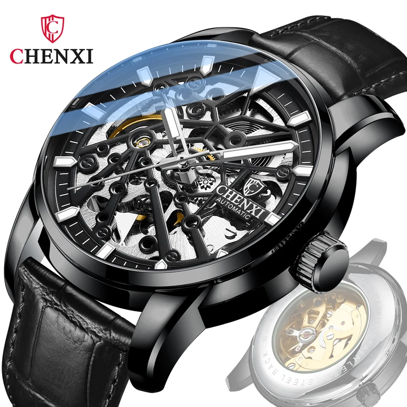 

Fashion Chenxi Top Brand Men's Watch Skeleton Leather & Full Steel Automatic Mechanical Waterproof Business Luxury Montre Homme