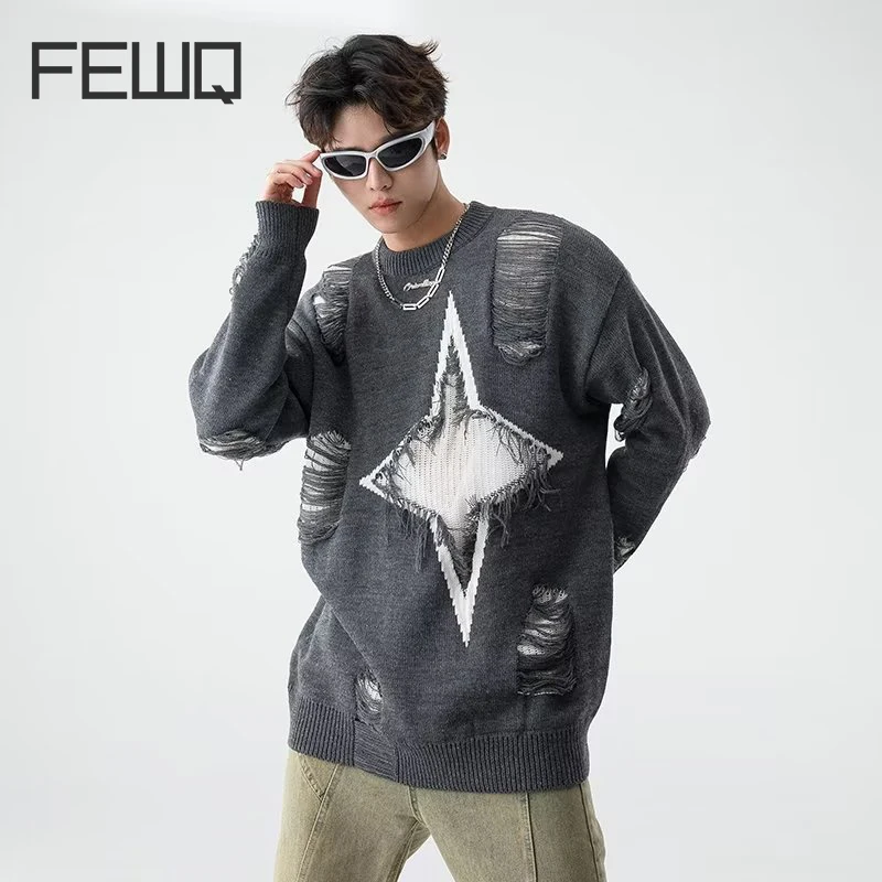 

FEWQ Men Sweater Spring Autumn New American Tassel Broken Hole Fake Two Piece Round Neck 2023 Contrast Male Tops 24X1820
