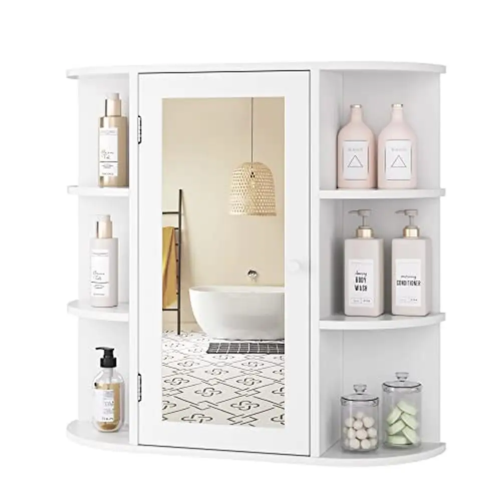 

Wall Mounted Bathroom Medicine Cabinet with Adjustable Shelves and 6 Open Fixed- Durable White Mirror Door Cabinet Towels and