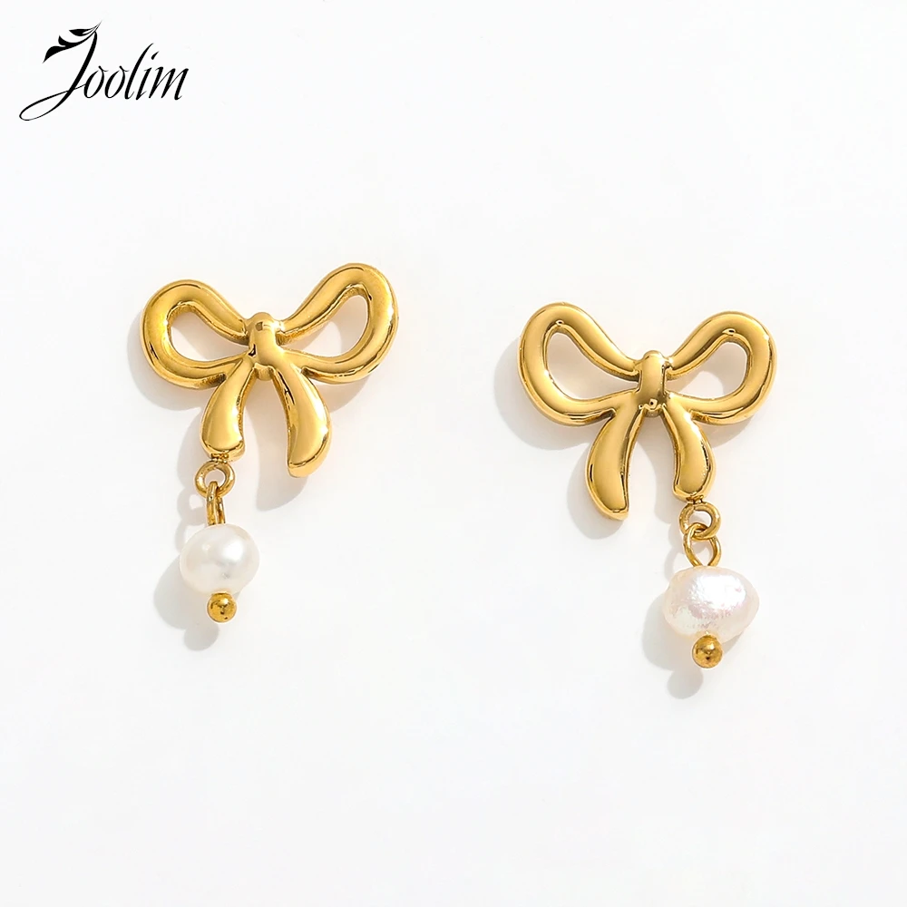 

Joolim Jewelry High Quality PVD Wholesale No Fade Fashion Cute Butterfly Pearl Pendant Hoop Stainless Steel Earring for Women