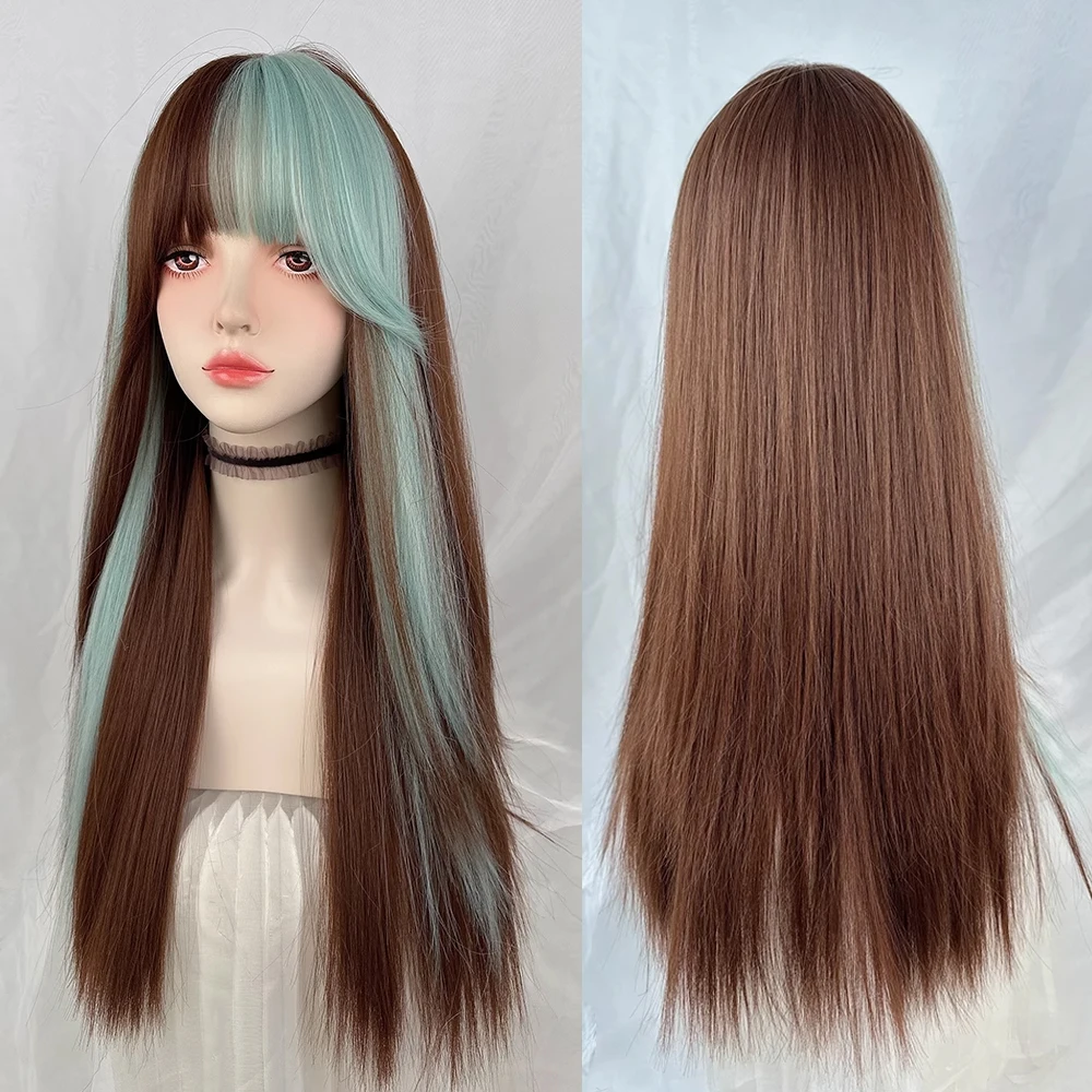 

GAKA Synthetic Long Straight Green Brown Layered Ombre Mix Wig Lolita Cosplay Women Fluffy Hair Wig for Daily Party
