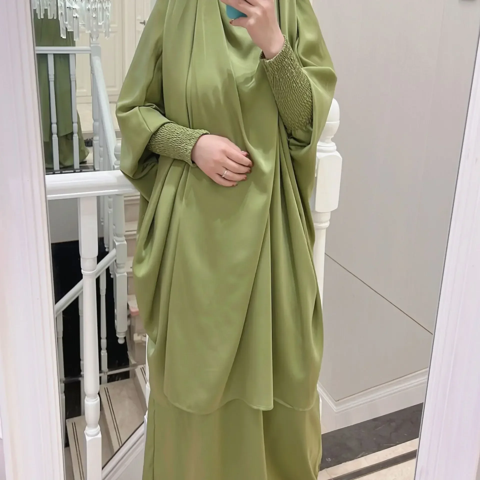 

Ramadan Satin Abaya with Khimar Set Jilbab 2 Piece Islamic Hooded Abayas for Women Eid Muslim Prayer Clothes Dubai Turkey Niqab