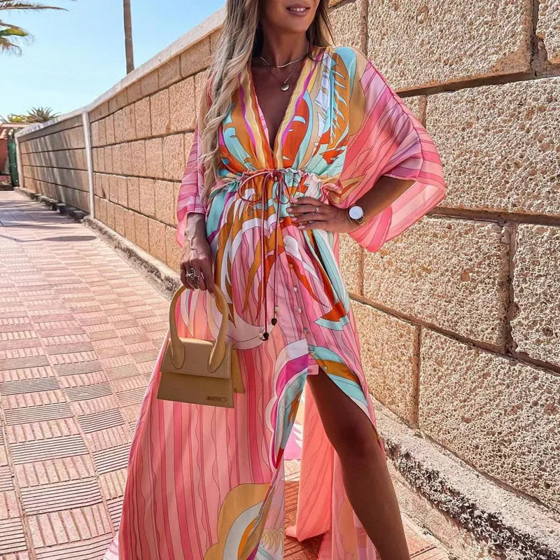 

Women Gorgeous Print Hem Maxi Dress Summer Boho Deep V Button Party Dresses Elegant Slit Elastic Waist Beach Long Dress XXXL