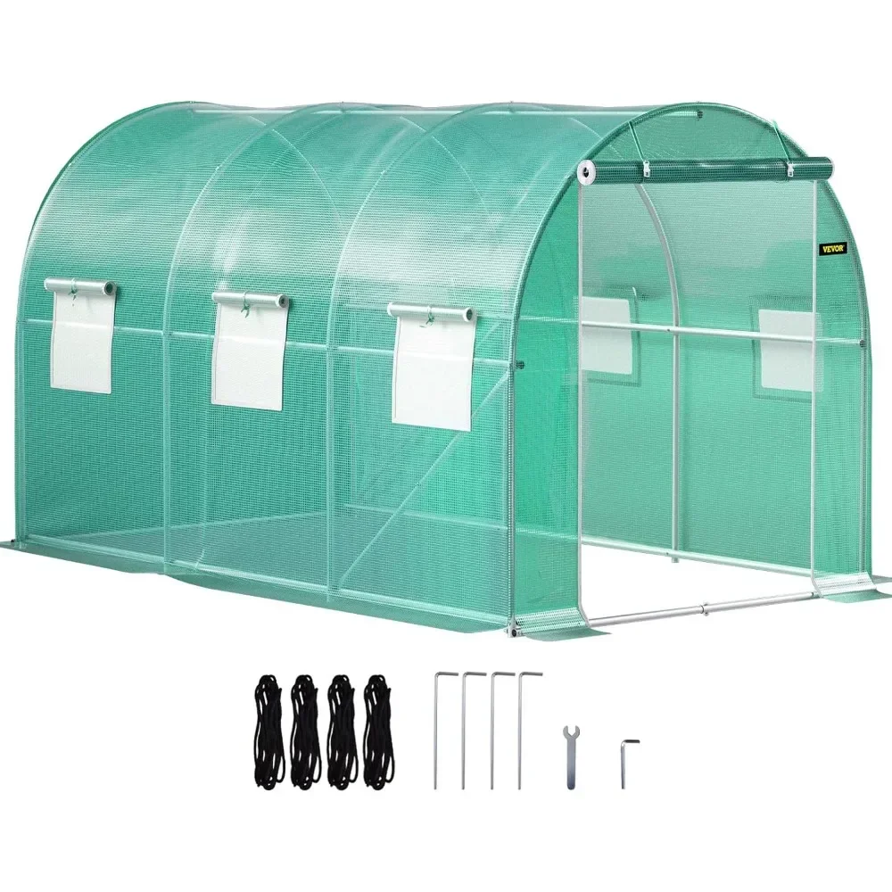 

Greenhouse, 12 X 7 X 7 Ft Walk-in Tunnel Greenhouse W/ Galvanized Steel Hoops, 2 Zippered Doors & 6 Roll-up Windows, Green House