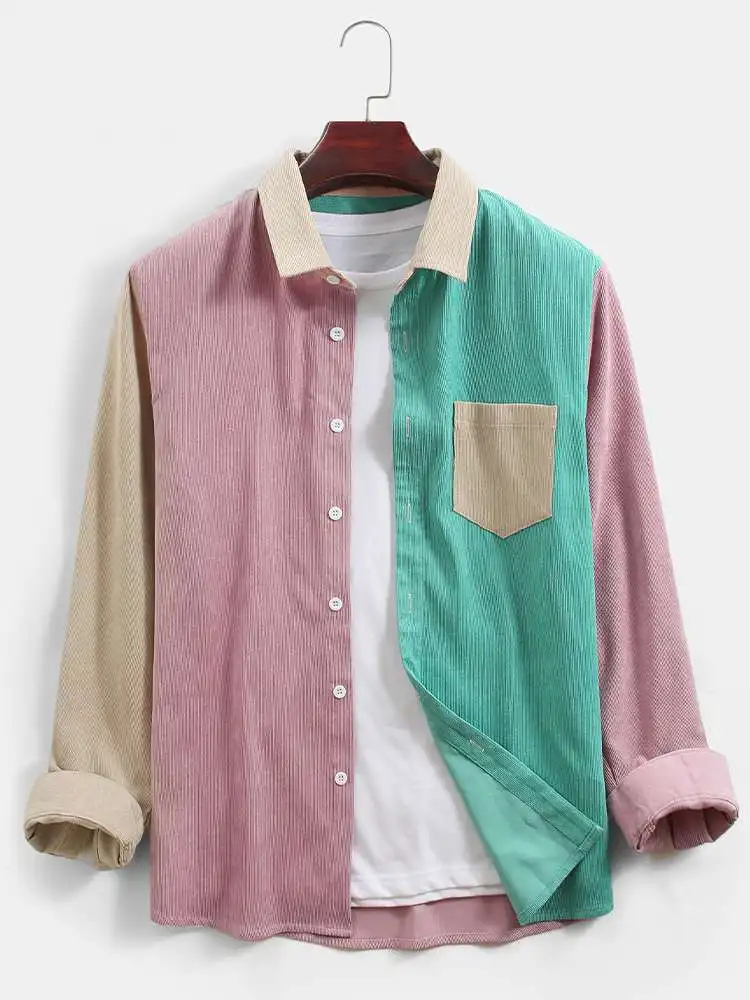 

ChArmkpR 2023 Men Shirt Summer Autumn Corduroy Colorblock Patchwork Casual Chest Pocket Long Sleeve Shirts Tops Chemises Camisas