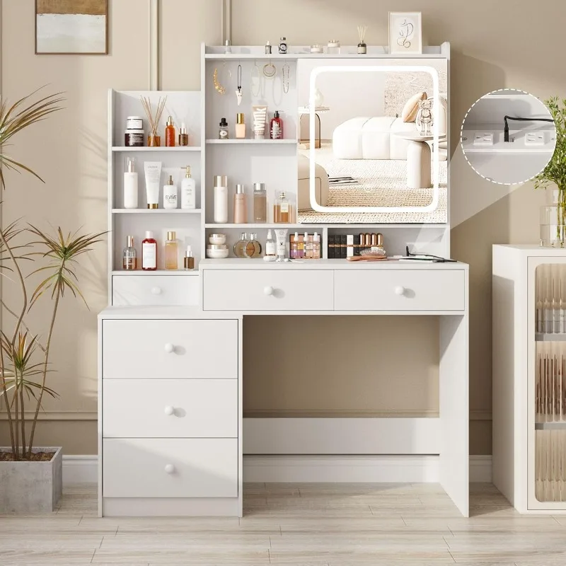 Makeup Vanity with Led Mirror and Power Strip,Vanity Desk with Lots Drawers&Openable Mirror,3 Lighting Colors Vanity Table
Makeup Vanity with Led Mirror and Power Strip,Vanity Desk with Lots Drawers&Openable Mirror,3 Lighting Colors Vanity Table