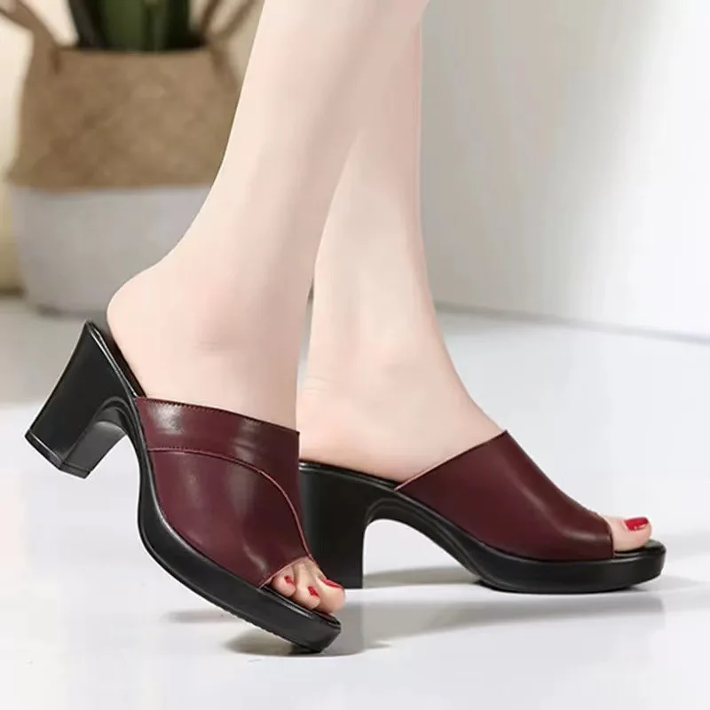 Summer Women's high-heel Slippers Fashion versatile soft leather shoes Thick bottom fish mouth slippers Comfort ladies Sandals 24 S42a2c40642b94b86a6e85b0d80b3606bq