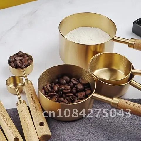 

Wooden Gold Measuring Cups And Spoons 4/8pcs Stainless Steel Food Coffee Flour Scoop Kitchen Scale Baking Cooking Gadget Sets
