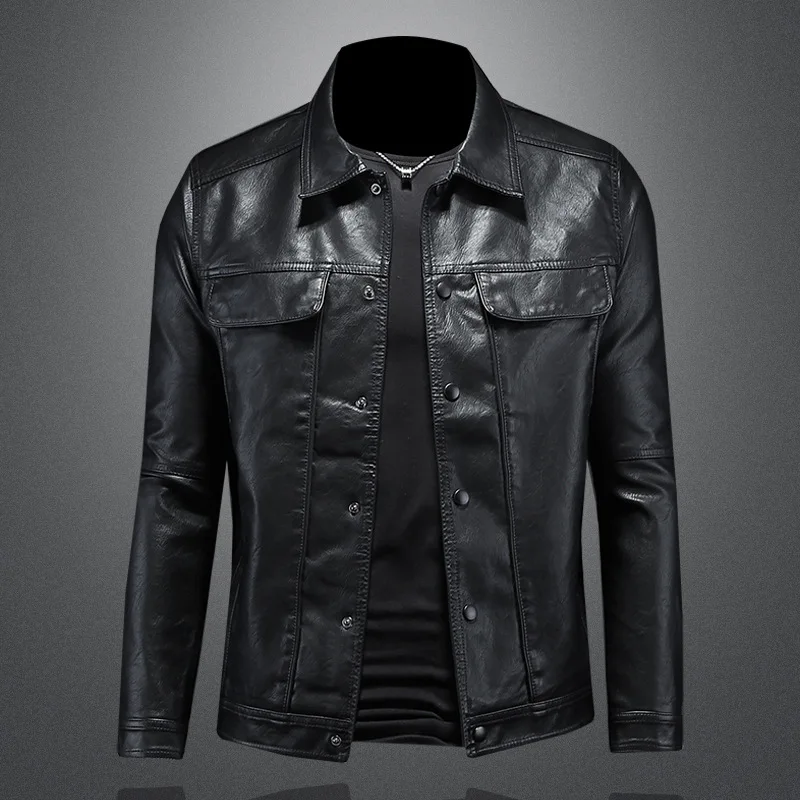 

U Men's Jacket Leather Autumn and Winter New Men's Lapel Motorcycle Leather Jacket Slim Stylish Men European and American Style