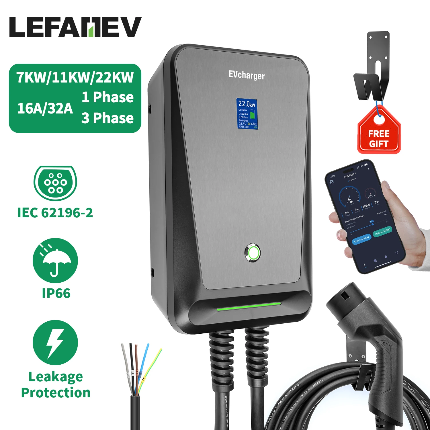 EV Charging Station 32A 22KW 3Phase Electric Vehicle Charger EVSE Wallbox 7KW 11KW Type2 Cable IEC62196-2 Socket APP Control
EV Charging Station 32A 22KW 3Phase Electric Vehicle Charger EVSE Wallbox 7KW 11KW Type2 Cable IEC62196-2 Socket APP Control