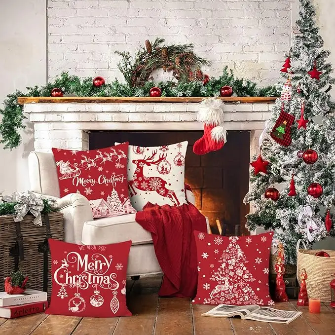 

4Pcs Christmas Cushion Covers, 45x45cn, Merry Christmas Snowflake Red Deer, Sofa Decorative Pillowcase, Pillow Cover