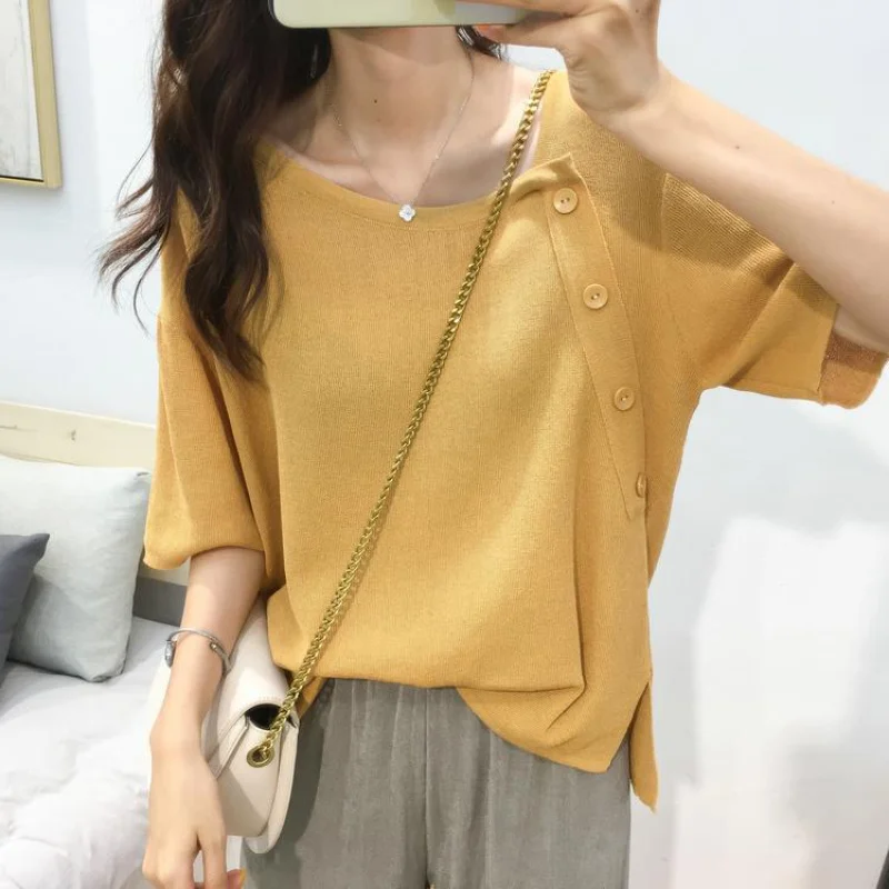 

Women's Summer Knitting Shirts Female Half Sleeve O-neck Tops Loose Ice Silk Sweater Thin Style Fashion Shirt Pullovers G106