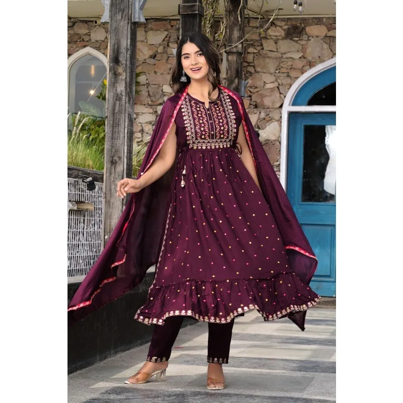 

Women Kurti Palazzo Set wine Embroidery Kurta Pant Dupatta Salwar Kameez Dress