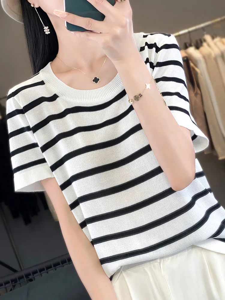 

Women's Short Sleeved Big O-Neck Pullover Summer Ice Silk Tops Breathability Comfort Thin Style T-Shirts Simple And Fashionable