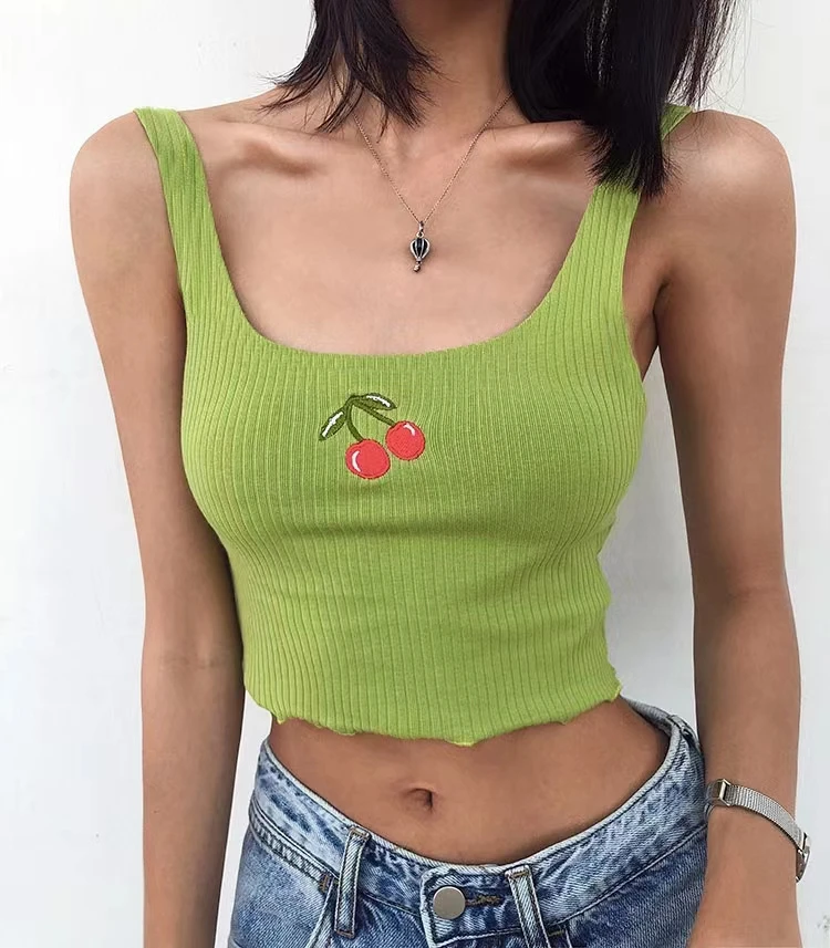 

OUMEA Women Knitting Cropped Tank Tops Summer Cherry Embroidery Sleeveless Skinny Tank Lettuce Edge Rib Going Out Sweet Tops