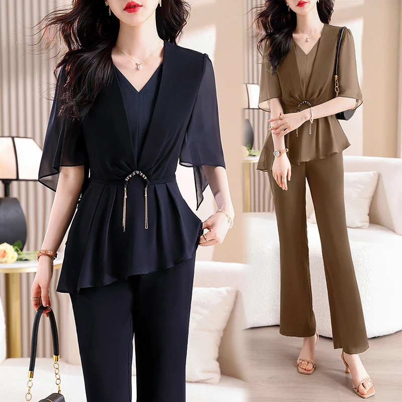 

Women'S Solid Batwing Half Sleeve V-Neck Pants Sets,Fashion Oversize Two Piece Outfits,Female Clothes,Folds Elegant ,Summer 2024