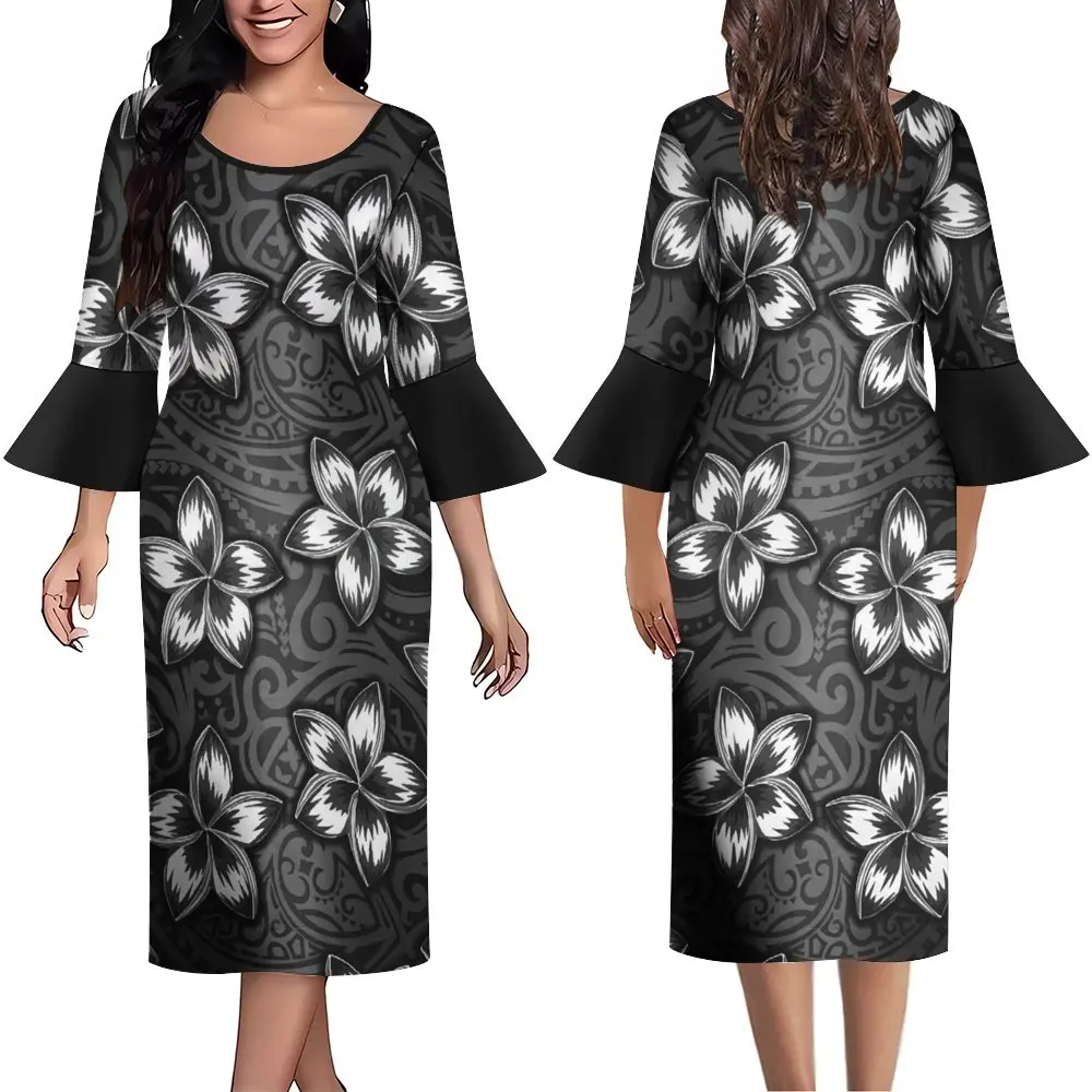 

Polynesian Summer Women'S Custom Vintage Tribal Design Pattern Art Print Long Sleeve Ruffled Cuff New Design Dress 2023 Dress