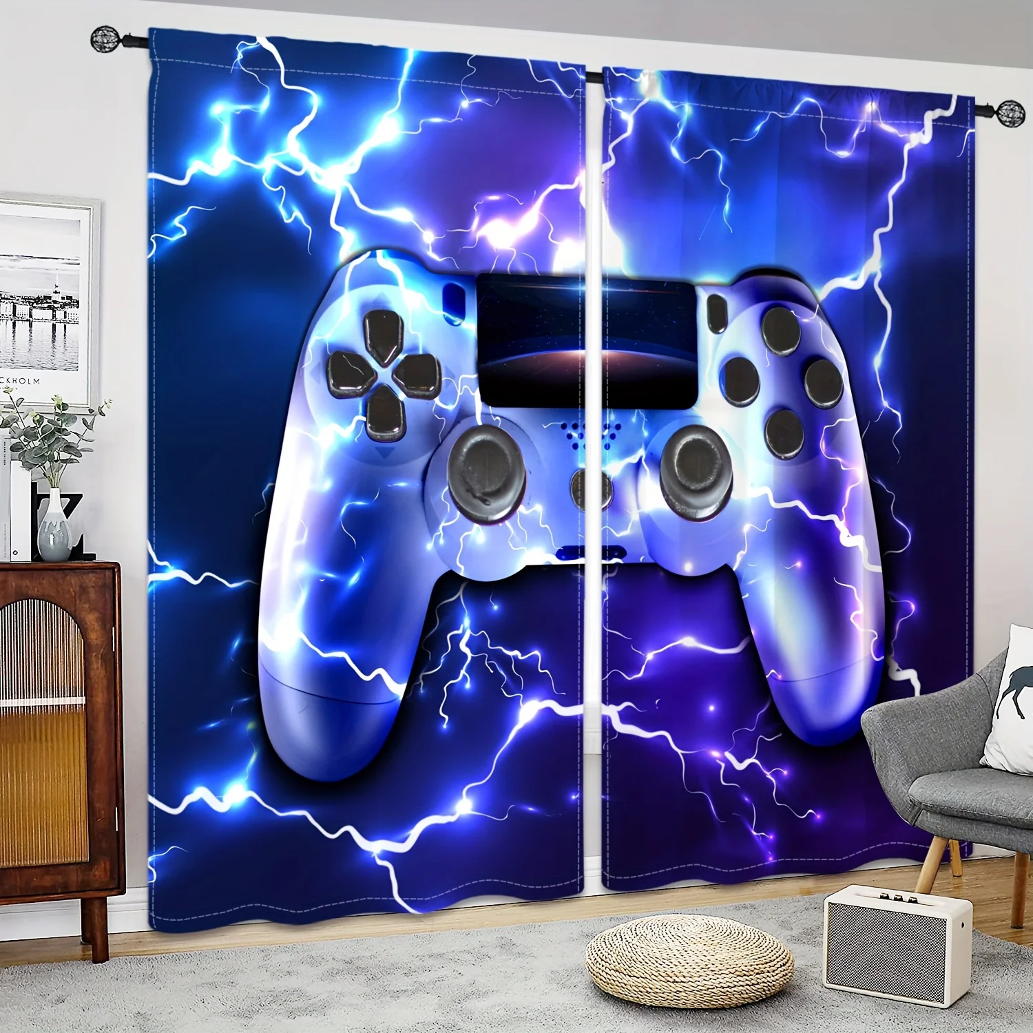 

2pcs Cool Lightning Gamepad 3D Printed Thin Curtains for Boys Bedroom Living Room Curtains Perfect For Gaming And Home Decor