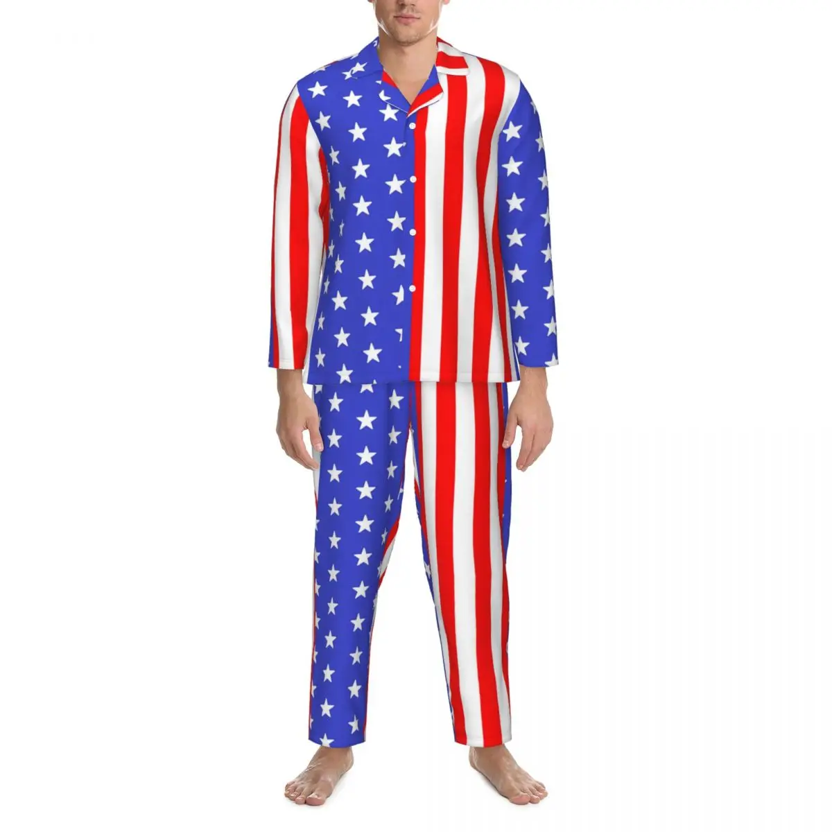 

American Flag Pajama Sets USA Stars and Stripes Trendy Sleepwear Women Long-Sleeve Casual Home Two Piece Nightwear Large Size