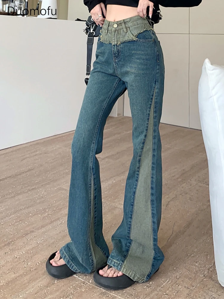 

Duomofu Contrast Color Vintage Full Length Loose Women Jeans Spring New Chicly High Waist Slim Fashion Washed Female Flare Jeans