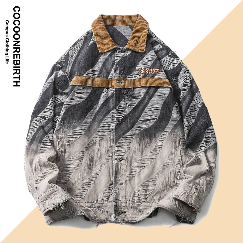 Autumn Spring Gradient Denim Jacket Unisex Patchwork Men Baseball Bomber Varsity Hole Coat High Streetwear Cotton 2023
Autumn Spring Gradient Denim Jacket Unisex Patchwork Men Baseball Bomber Varsity Hole Coat High Streetwear Cotton 2023