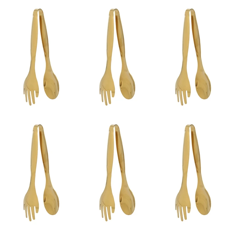 

6X Stainless Steel Food Tongs Gold Kitchen Utensils Buffet Cooking Tools BBQ Clips Bread Steak Tong