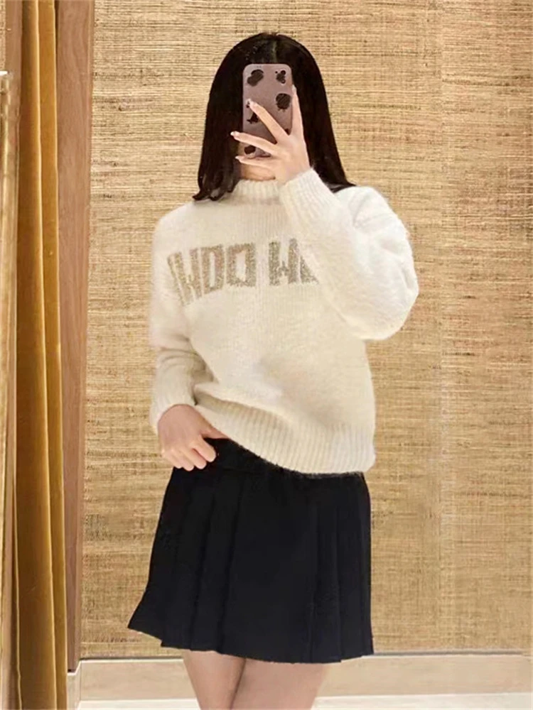 

Spring 2024 New Fashion Women Sweater Letter Jacquard Round Neck Ladies O-Neck Long Sleeve Loose Wool Blended Pullover Tops